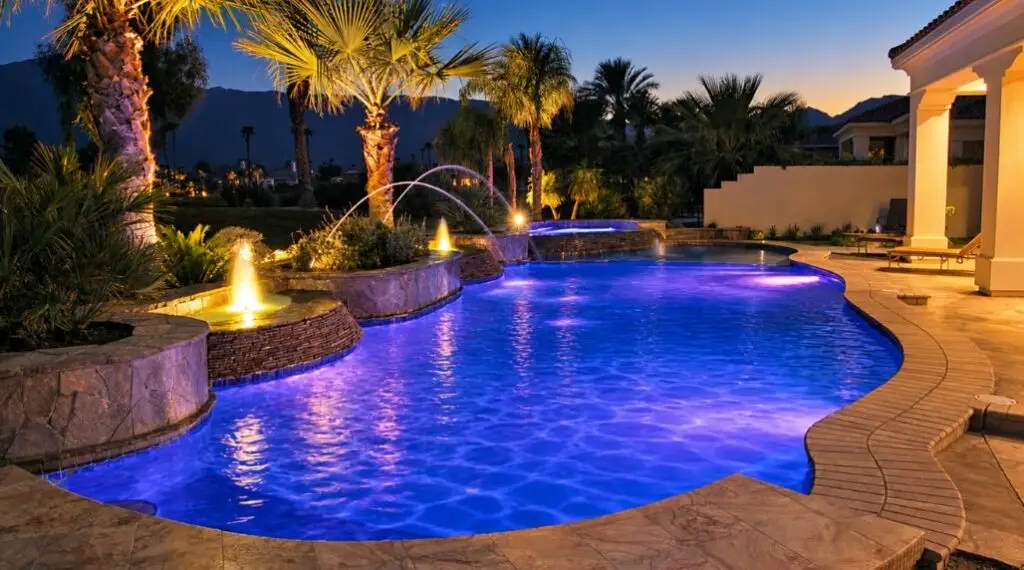 Luxury swimming pool illuminated with vibrant blue and purple LED lights, decorative water fountains, and tropical landscaping at dusk.