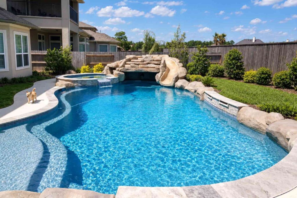 Finished backyard gunite pool with rock waterfall slide, spa spillover, and a dog on the deck