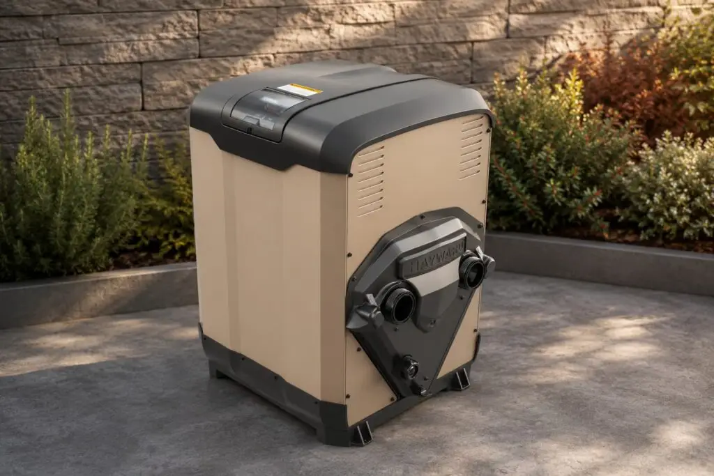 Hayward gas pool heater installed on a concrete equipment pad beside a stone wall and landscaping