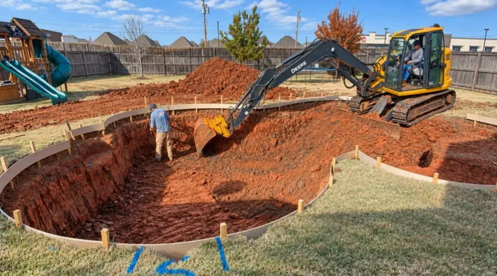 Excavator digging a backyard swimming pool during construction, with exposed red soil, marked pool boundaries, and a worker on site.