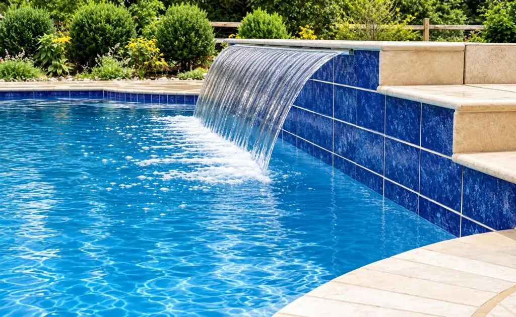 Arched sheet-style pool cascade waterfall over a blue glass tile wall, built by Blue Haven Pools