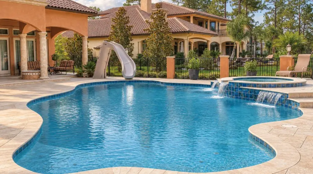Private residential swimming pool with spa, water features, and pool slide