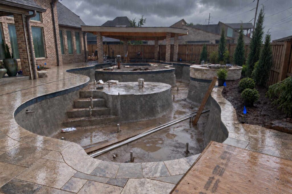 Rain falling on a nearly finished gunite pool shell with stamped concrete decking and standing water