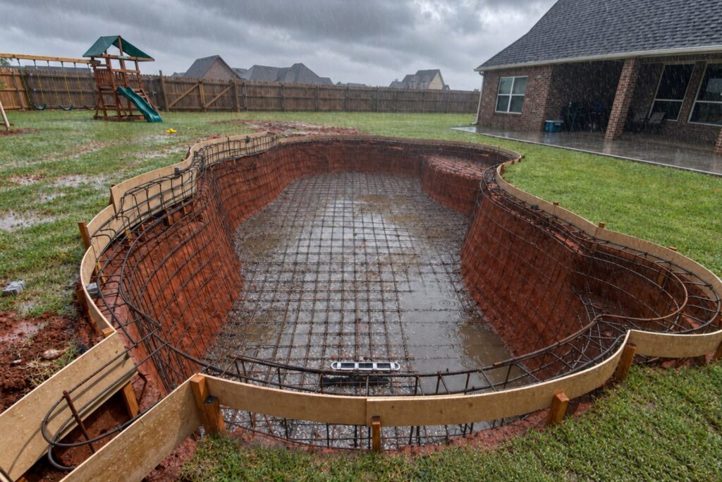 Rain falling on a backyard pool excavation with rebar steel grid, plywood forms, and standing water