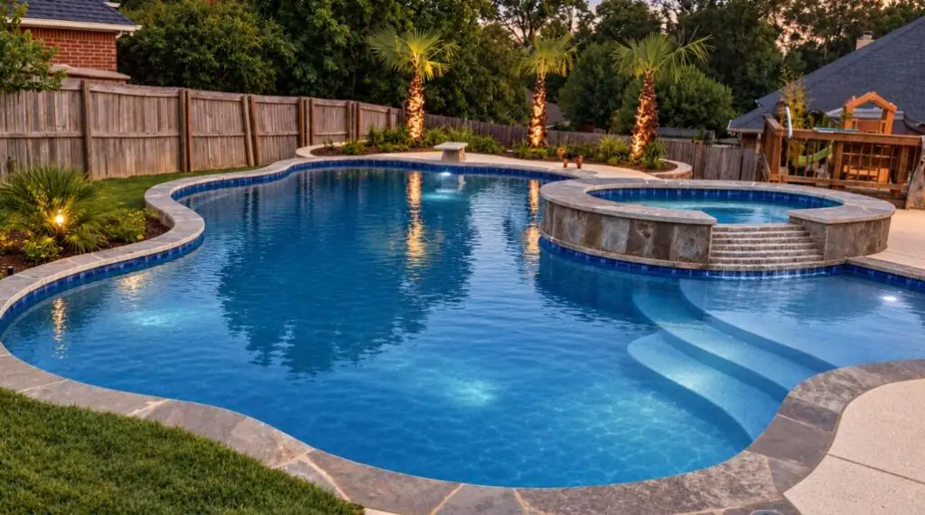 Backyard swimming pool with an attached raised spa, curved pool design, and landscape lighting at dusk