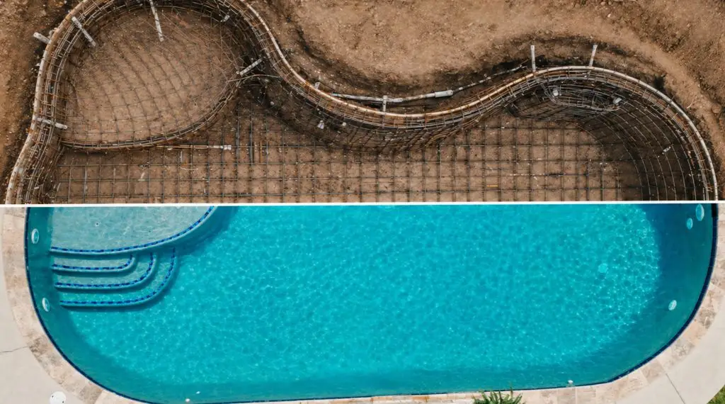 Overhead view of a swimming pool design and steel reinforcement during construction