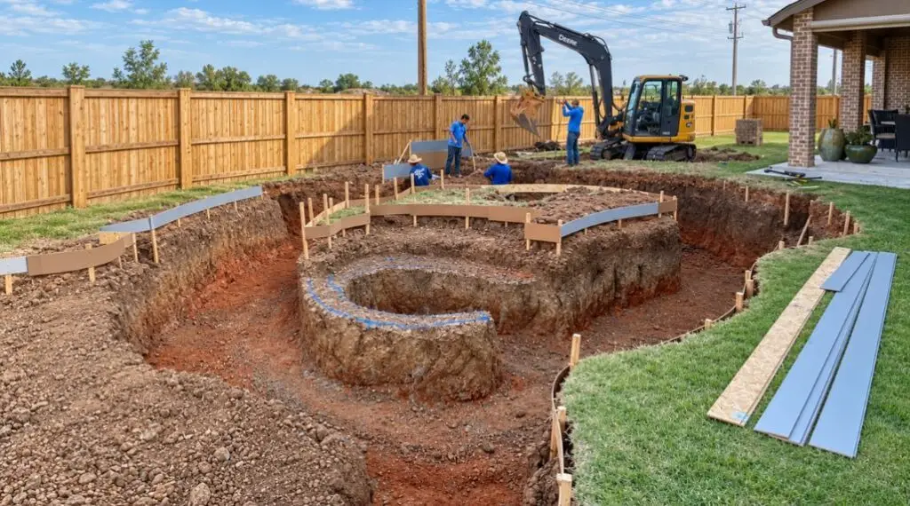 Backyard swimming pool construction site with workers and excavator preparing the ground for pool installation