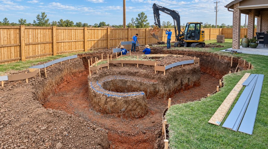 Backyard swimming pool construction site with workers and excavator preparing the ground for pool installation