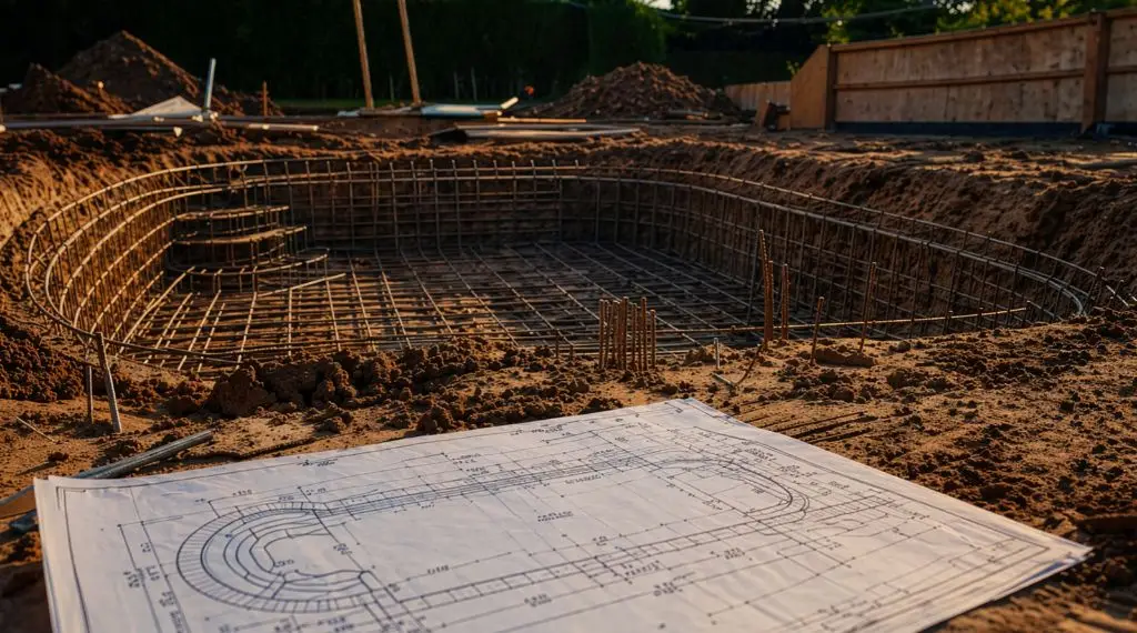 In-ground swimming pool construction site with steel reinforcement and pool design blueprint