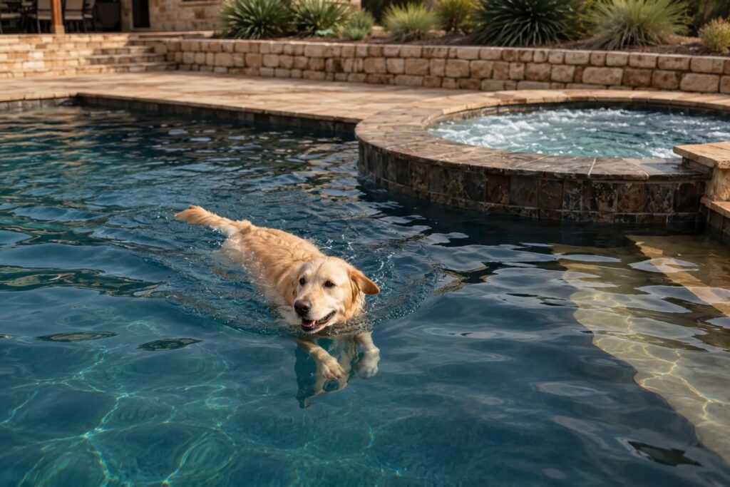 Golden retriever swimming across a backyard pool next to an attached spa