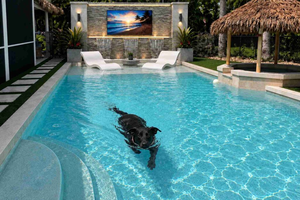 Black lab swimming alone in a backyard pool with no one else around