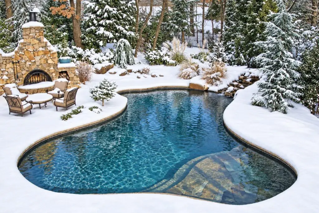 Freeform inground pool surrounded by snow with a stone outdoor fireplace and patio chairs