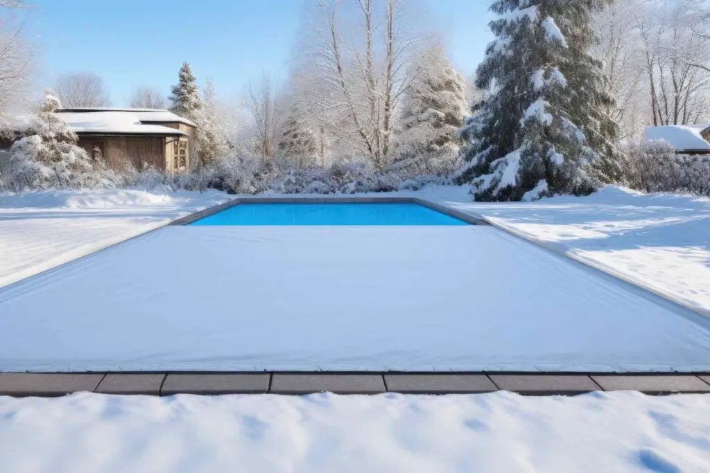 Rectangular inground pool closed for winter under a tight cover in a snowy backyard
