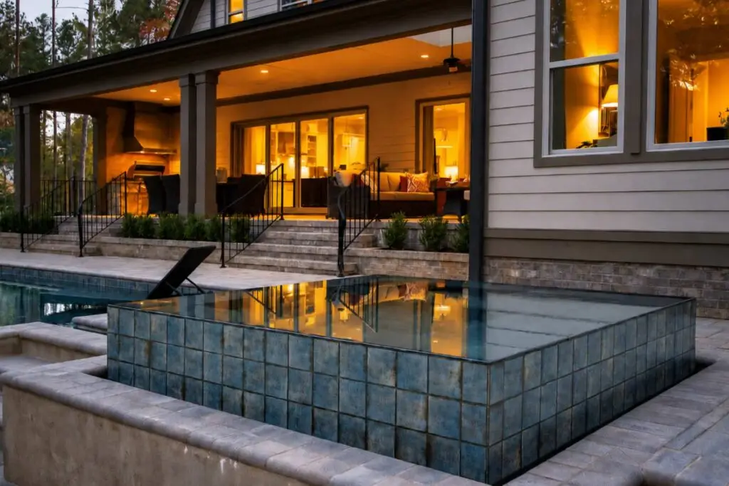 Square tiled spa a few steps from a warmly lit covered patio, a short walk inside after a hot tub in winter
