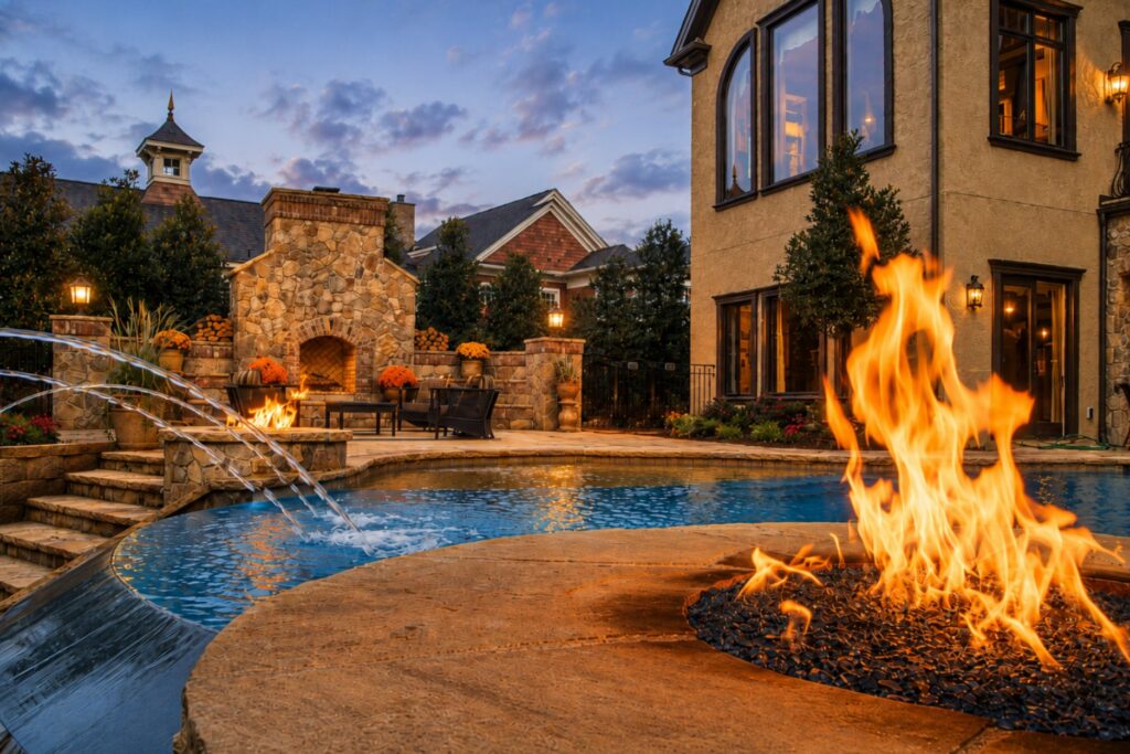 Backyard pool with a fire pit and stone fireplace on a fall evening, showing how to keep your pool warm in winter