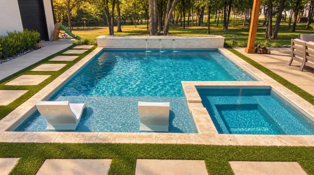 Custom inground swimming pool with an attached spa and in-water loungers