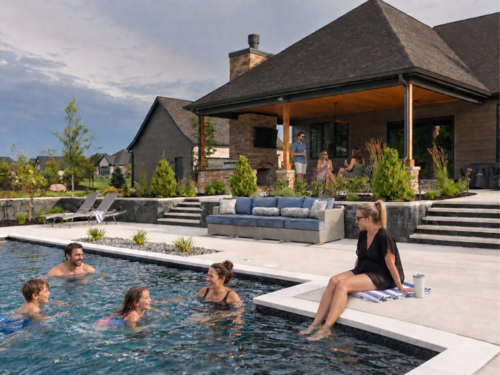 Family swimming in a backyard pool while adults watch from the covered patio