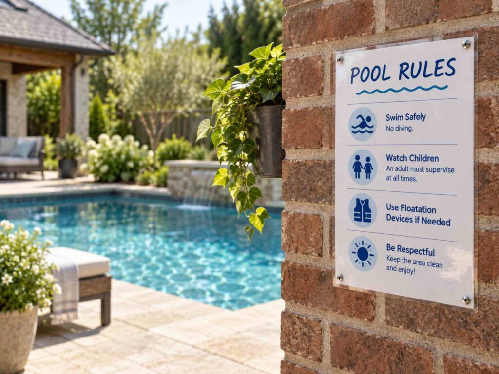Pool safety rules sign mounted on a brick wall beside a backyard swimming pool