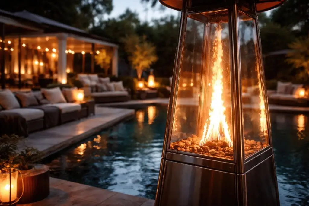 Glass tube pyramid patio heater glowing beside a backyard pool at night with lounge seating and a string-lit pavilion