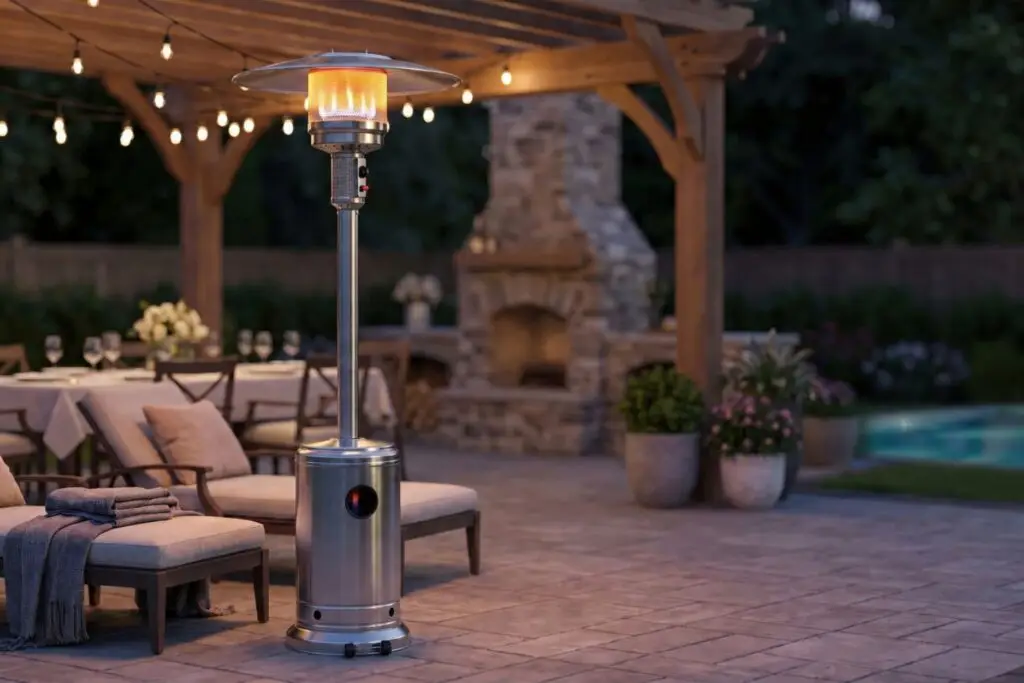 Stainless steel standing patio heater under a string-lit pergola with lounge chairs, an outdoor dining table, and a stone fireplace near a backyard pool