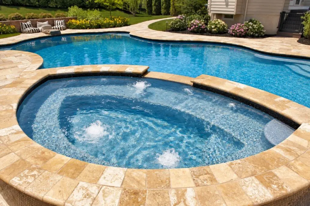 Bubbling round spa with travertine coping beside a freeform pool, a backyard spot to enjoy the health benefits of a spa
