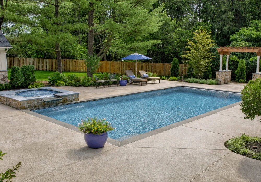 Inground swimming pool with spa lounge chairs.