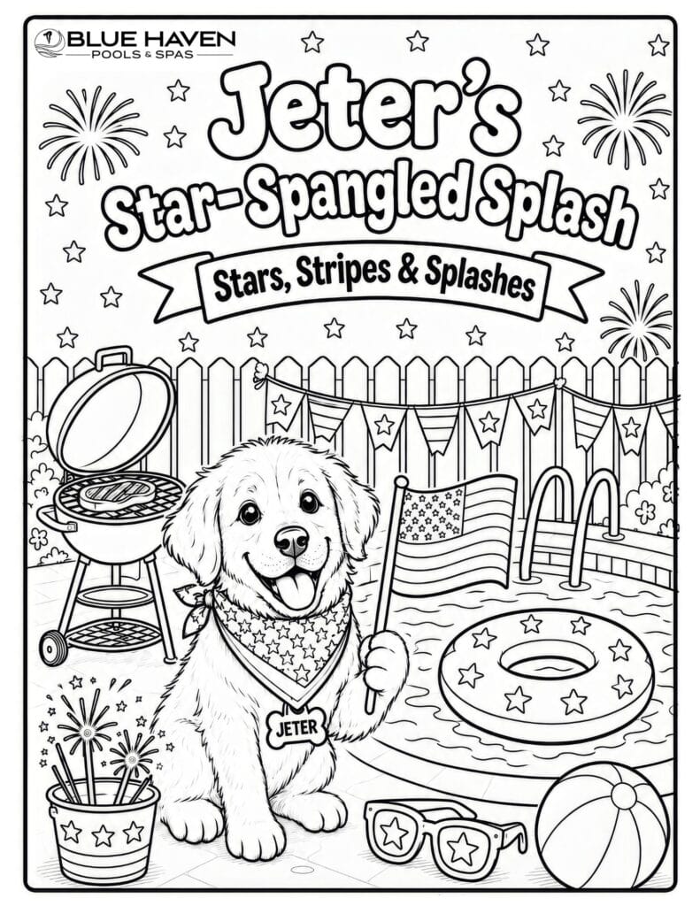 A black and white coloring page titled "Jeter's Star-Spangled Splash: Stars, Stripes & Splashes" featuring Jeter, the Blue Haven Pools & Spas mascot dog, wearing a star-patterned bandana and holding an American flag. He's surrounded by a pool, grill, fireworks, a beach ball, star-shaped sunglasses, and patriotic bunting. The Blue Haven Pools & Spas logo appears in the top left corner.