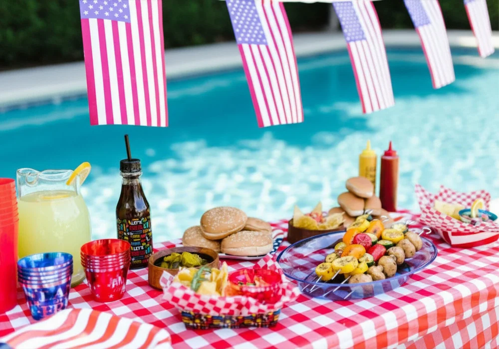 Food on a table by a pool at a 4th of July themed party