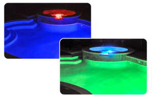 LED lighting illuminating a custom backyard swimming pool in Chico CA