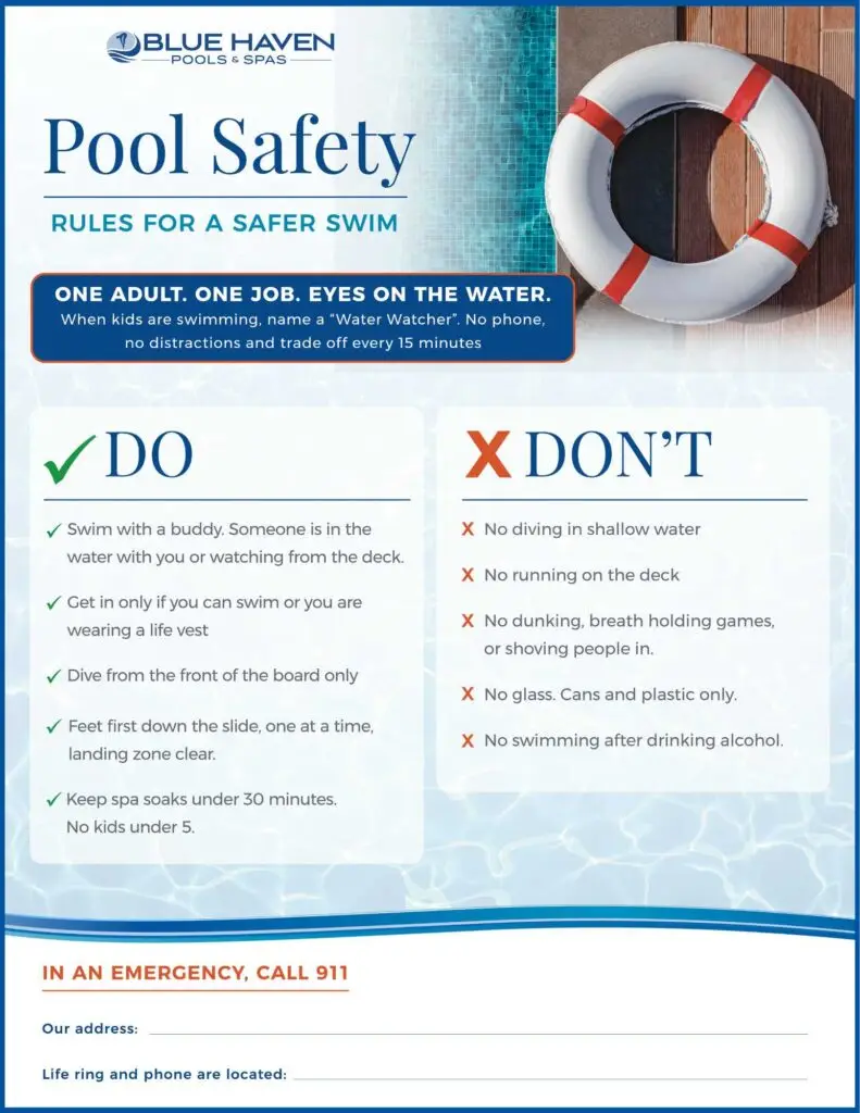 Blue Haven Pools and Spas pool safety flyer listing Water Watcher rules and pool do's and don'ts.