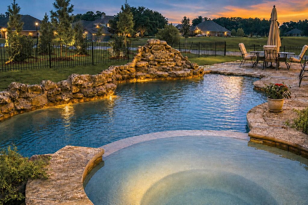 Blue-Haven-swimming-pool-in-backyard-at-twilight