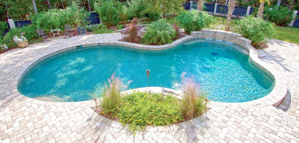 Showcase gunite pool with integrated landscape pocket planters