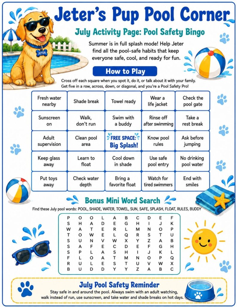 Play July pool safety bingo with Jeter and family activities