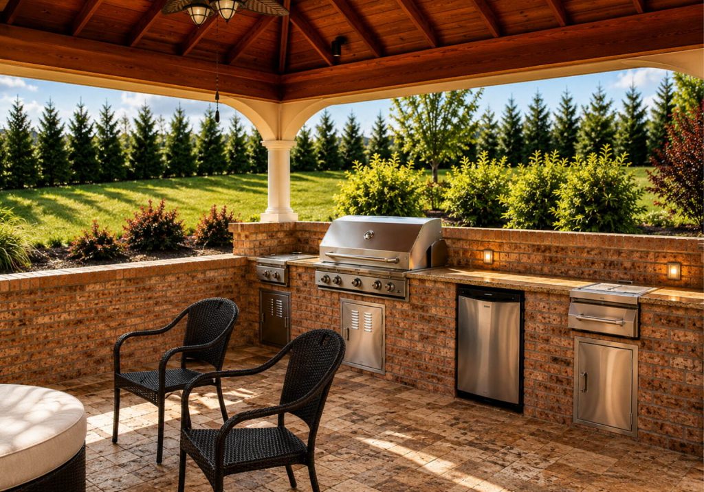 Built-in outdoor kitchen island with stainless steel grill under a wood gazebo