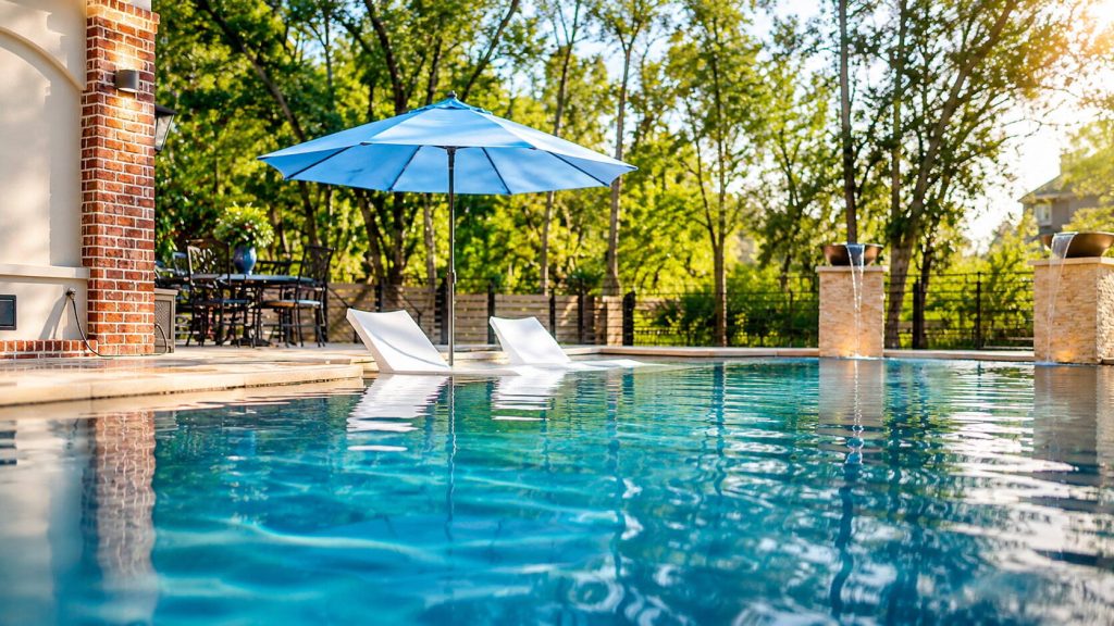 Blue umbrella set into a tanning ledge in a backyard swimming pool across the pool with lounge chairs