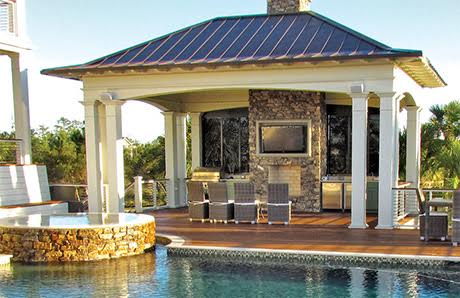 Poolside outdoor kitchen with bar seating and mounted television