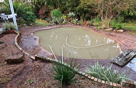 Storm-damaged swimming pool with debris and affected backyard landscape