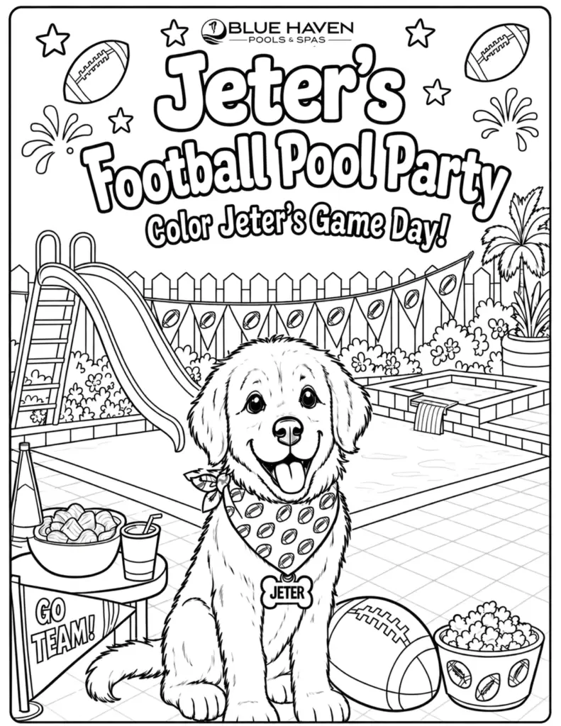 Coloring page of a puppy in a football bandana by a pool. Title: "Jeter's Football Pool Party."