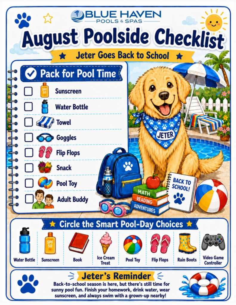 Blue Haven 'August Poolside Checklist: Jeter Goes Back to School' activity page featuring Jeter the golden retriever mascot. Includes a checklist to pack for pool time (sunscreen, water bottle, towel, goggles, flip flops, snack, pool toy, adult buddy), a section to circle smart pool-day choices with 8 icon options, and Jeter's safety reminder about finishing homework and swimming with supervision.