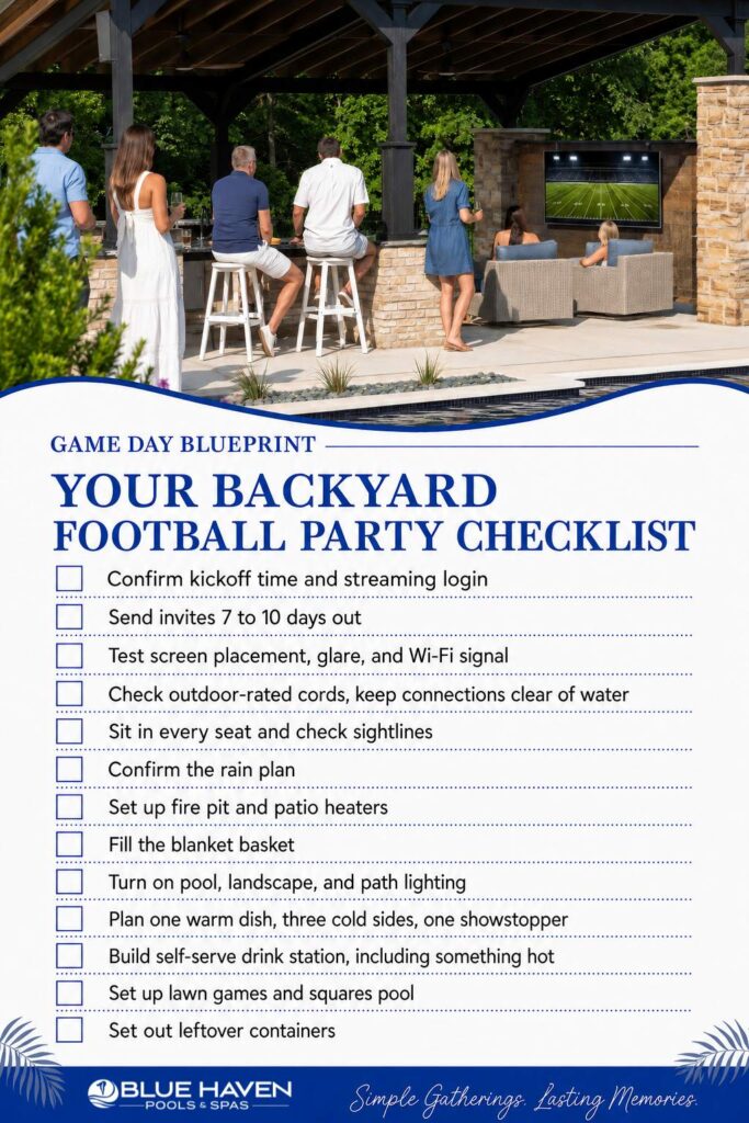 Blue Haven Pools & Spas "Your Backyard Football Party Checklist" graphic with 13 game-day prep items, above a photo of guests watching football under a poolside outdoor pavilion.