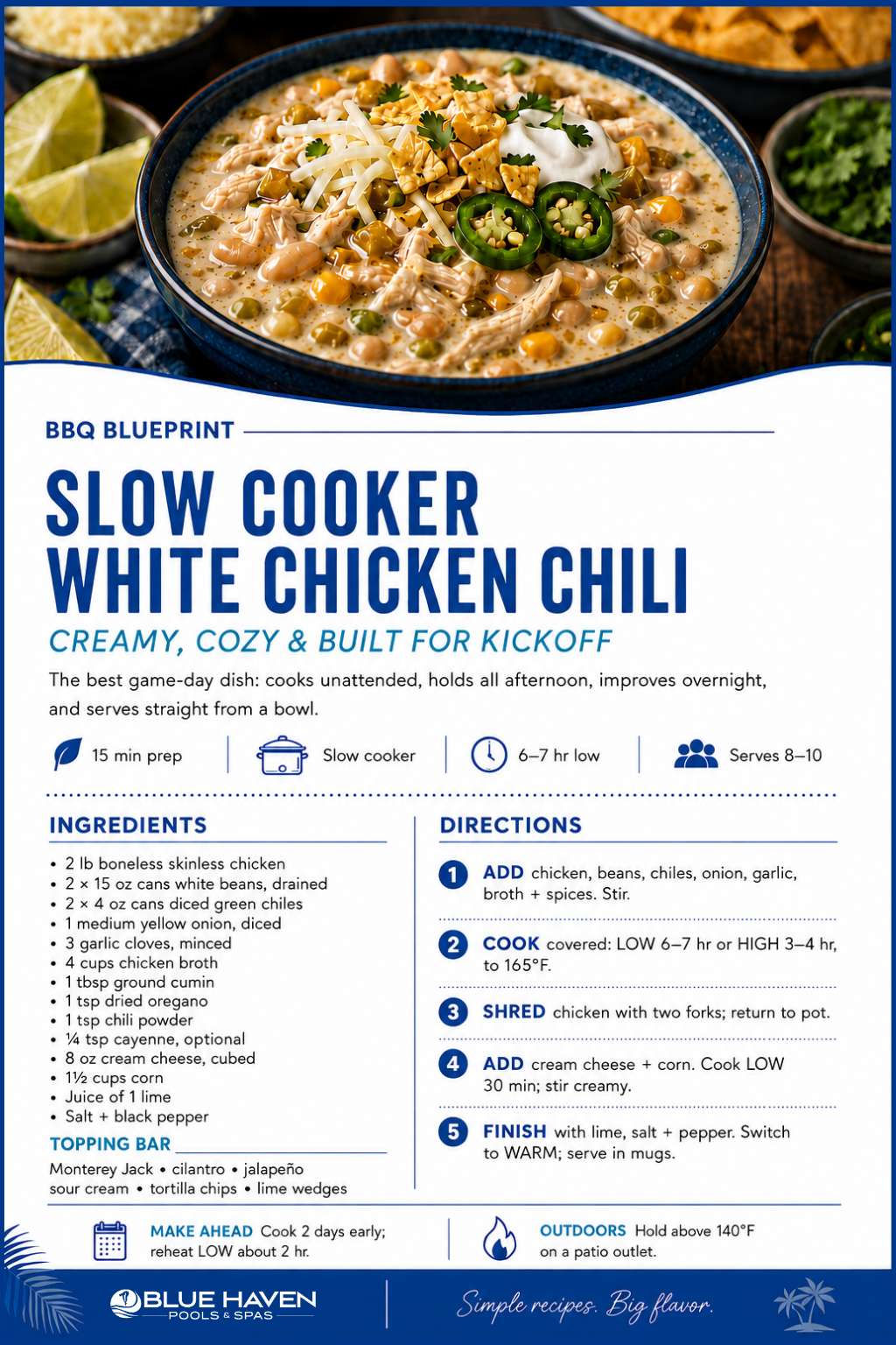 Blue Haven BBQ Blueprint recipe card for slow cooker white chicken chili.