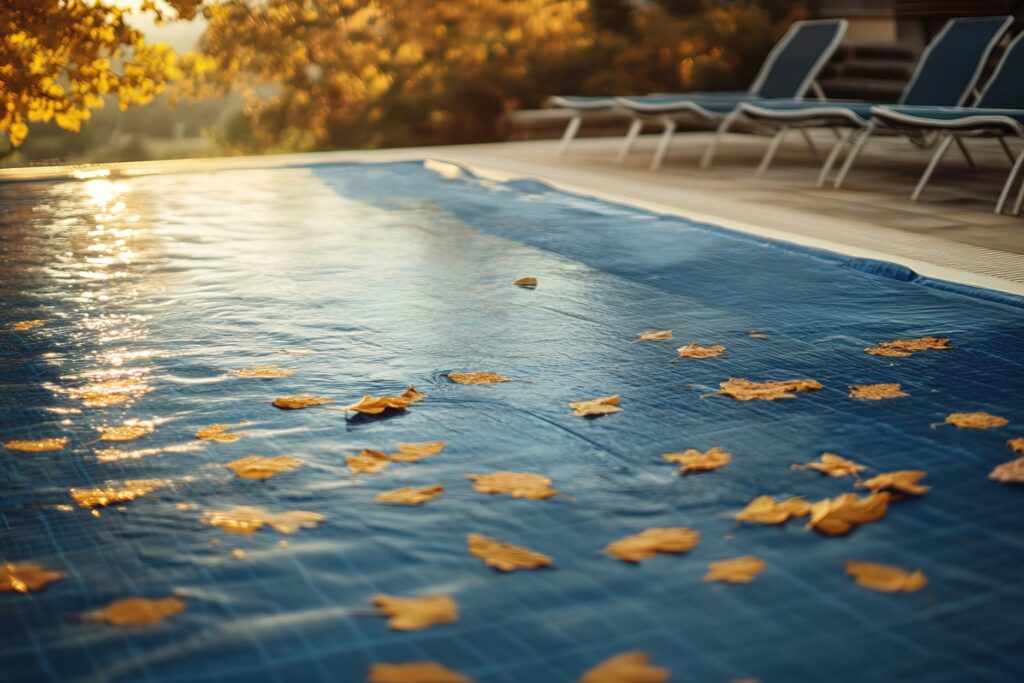 Swimming pool cover with fall leaves at sunset, a sign it's time to close your pool for winter