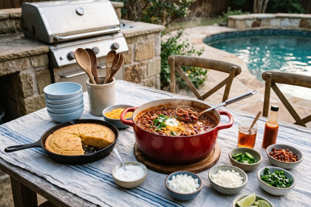 Poolside chili bar with a red Dutch oven of chili, skillet cornbread, and toppings next to a stone outdoor kitchen and grill.