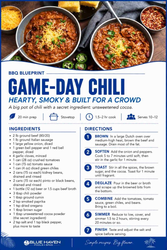 Game-Day Chili recipe card with two bowls of beef and bean chili topped with cheddar, served with cornbread.