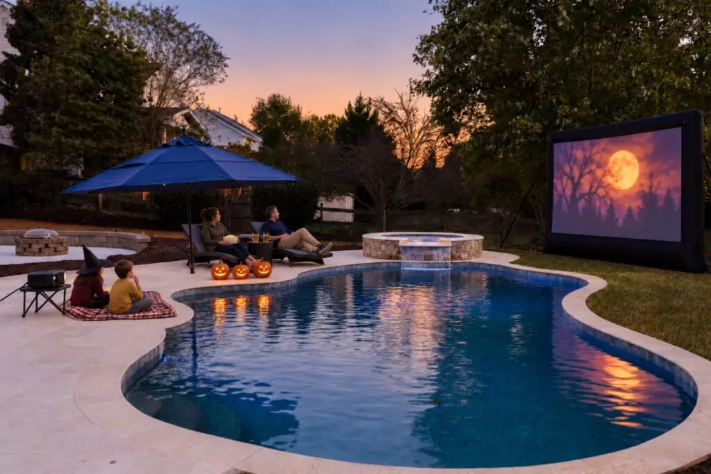 Family enjoying a Halloween movie night by a backyard pool at dusk, with jack-o'-lanterns, a spa waterfall, and an inflatable outdoor screen showing a full moon.