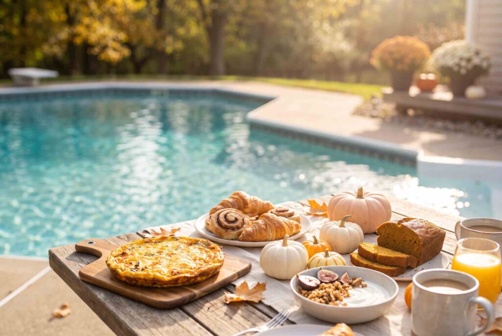 Outdoor brunch table beside a backyard pool on a sunny fall morning, set with quiche, croissants, cinnamon rolls, pumpkin bread, yogurt with figs, coffee, orange juice and small white pumpkins.