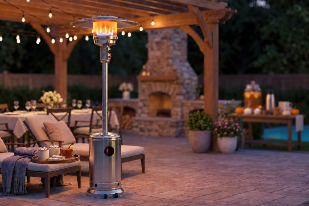 Stainless steel patio heater glowing on a stone patio at night, with a wood pergola, string lights, a stone outdoor fireplace, lounge chairs with hot cocoa and a fall drink station near the pool.